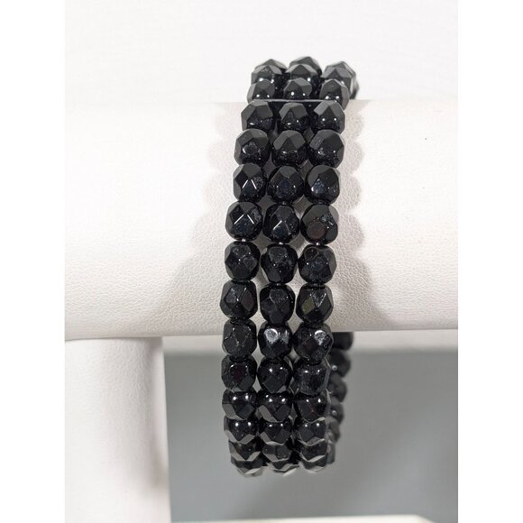 Black Glass Three Row Cuff Bracelet Elegant Goth 7.5" - Picture 1 of 6